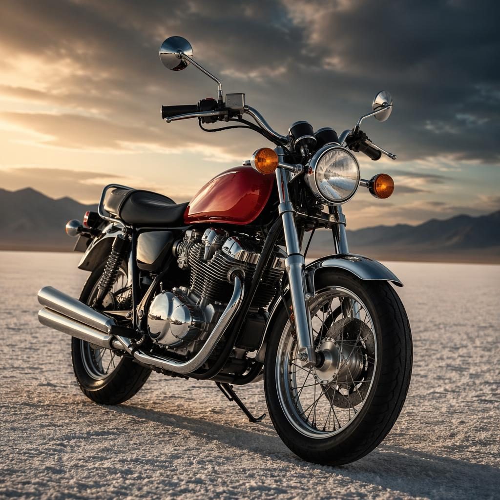 Ultra-realistic red vintage motorcycle in three-quarter front view on desert flats with cinematic lighting and chrome.