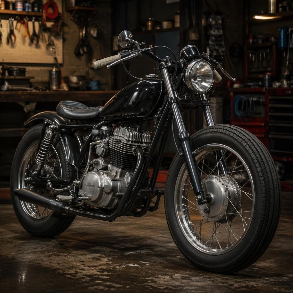 Černý retro motocykl ve stylu bobber z tříčtvrtečního předního pohledu v dílenské garáži, s filmovým nasvícením.