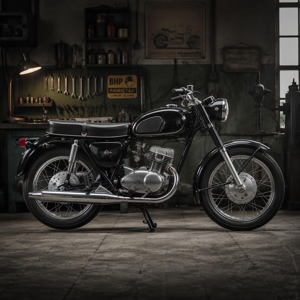 Motocykl w stylu polskiego klasyka z lat 60., profil boczny, czarny bak, wnętrze garażowego warsztatu.
