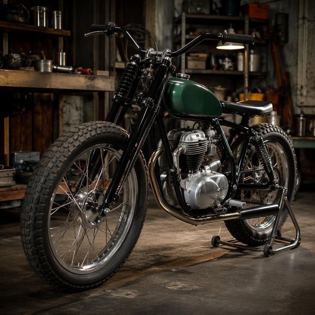 Three-quarter front view of a generic 1960s flat tracker motorcycle in British racing green inside a workshop garage.