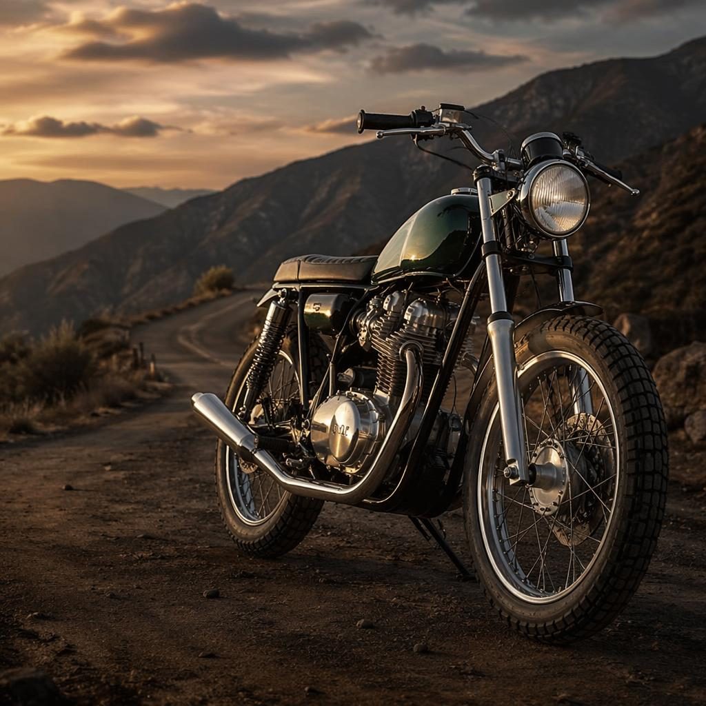 Ultra-realistic 1960s flat tracker motorcycle with british racing green tank on a mountain road at dusk, front three-quarter view.