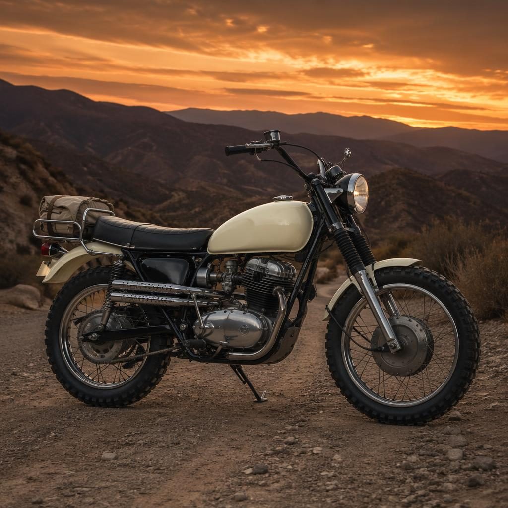 Side-profile vintage desert sled motorcycle with cream tank on a mountain road at dusk, cinematic poster lighting.