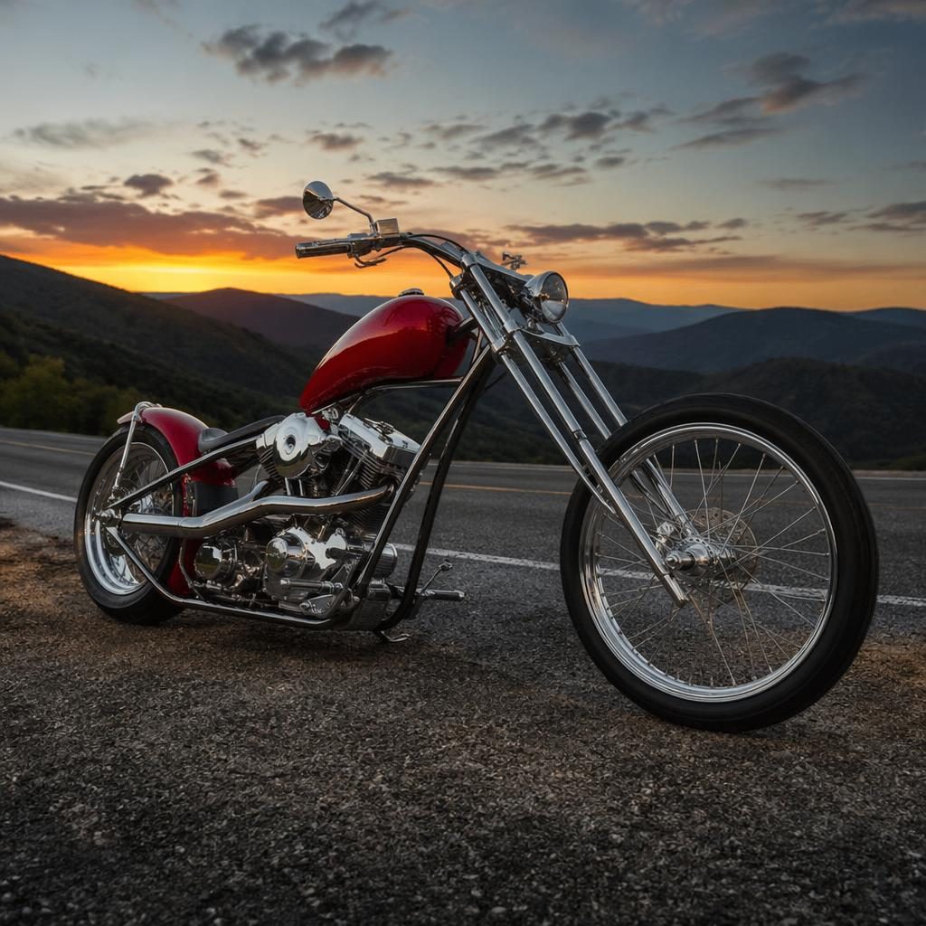 Ultra-realistic 1920s board track racer motorcycle in racing red, three-quarter front view on a mountain road at dusk.