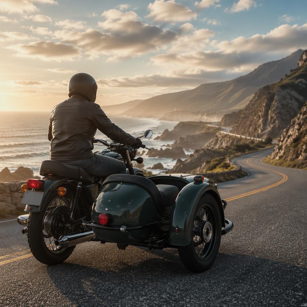 Ultra-realistic 1980s sidecar touring motorcycle in british racing green, rear three-quarter view on a coastal highway.
