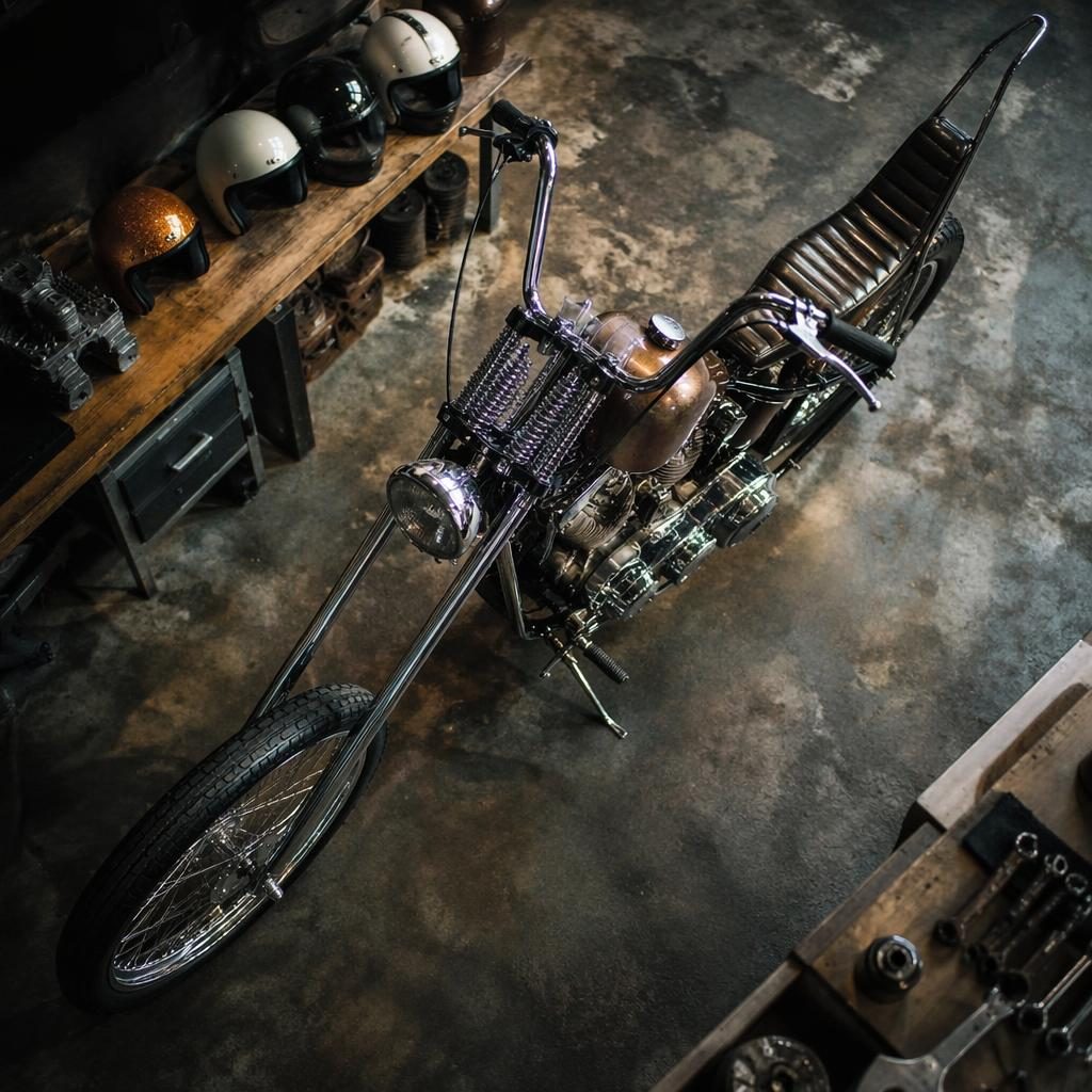 Vintage-Chopper aus den 70ern mit kupferfarbenem Tank in Werkstatt, von oben fotografiert, mit cineastischem Licht