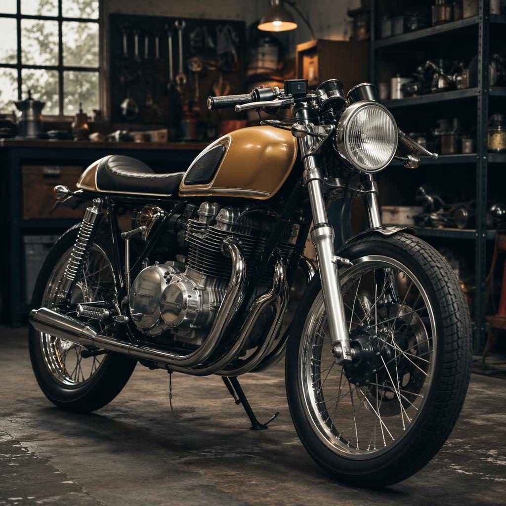 Vintage motocykl ve stylu chopper 70. let se žlutou nádrží, záběr zepředu šikmo, v dílně s filmovým světlem.