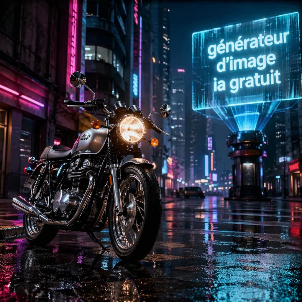 Moto classique rétro-futuriste argentée, vue trois quarts avant, sur une rue urbaine au néon avec panneau holographique