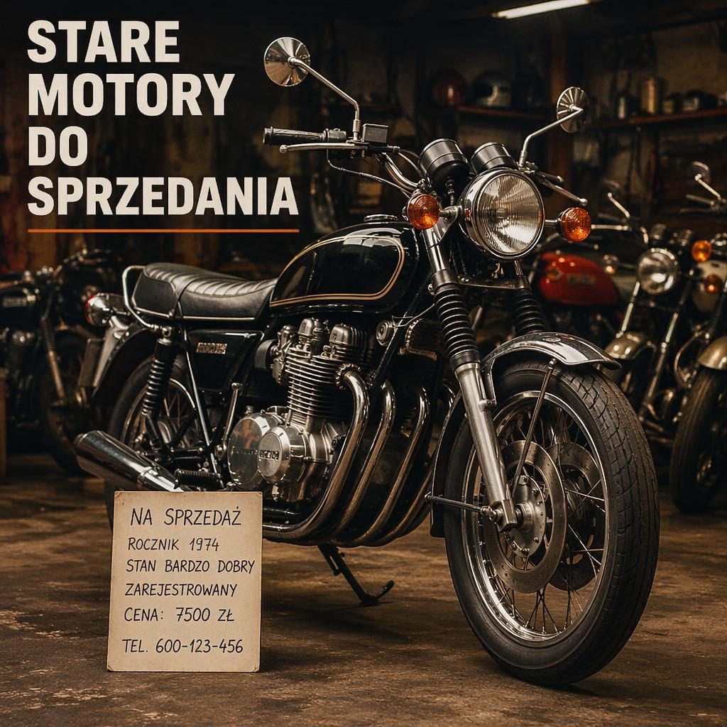 Klasyczny motocykl z lat 70. z czarnym bakiem w garażu, ujęcie z przodu pod kątem, obok kartka na sprzedaż.