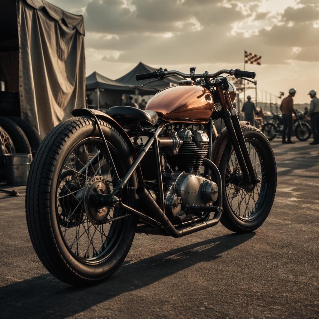 Ultra-realistic retro futurist bobber motorcycle with copper tank, rear three-quarter view in a race paddock