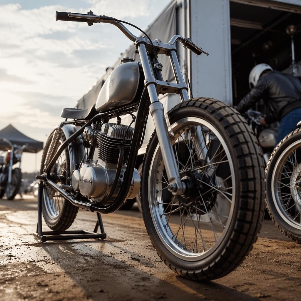 Ultra-realistic 1950s flat tracker motorcycle with silver tank, low-angle view in a race paddock