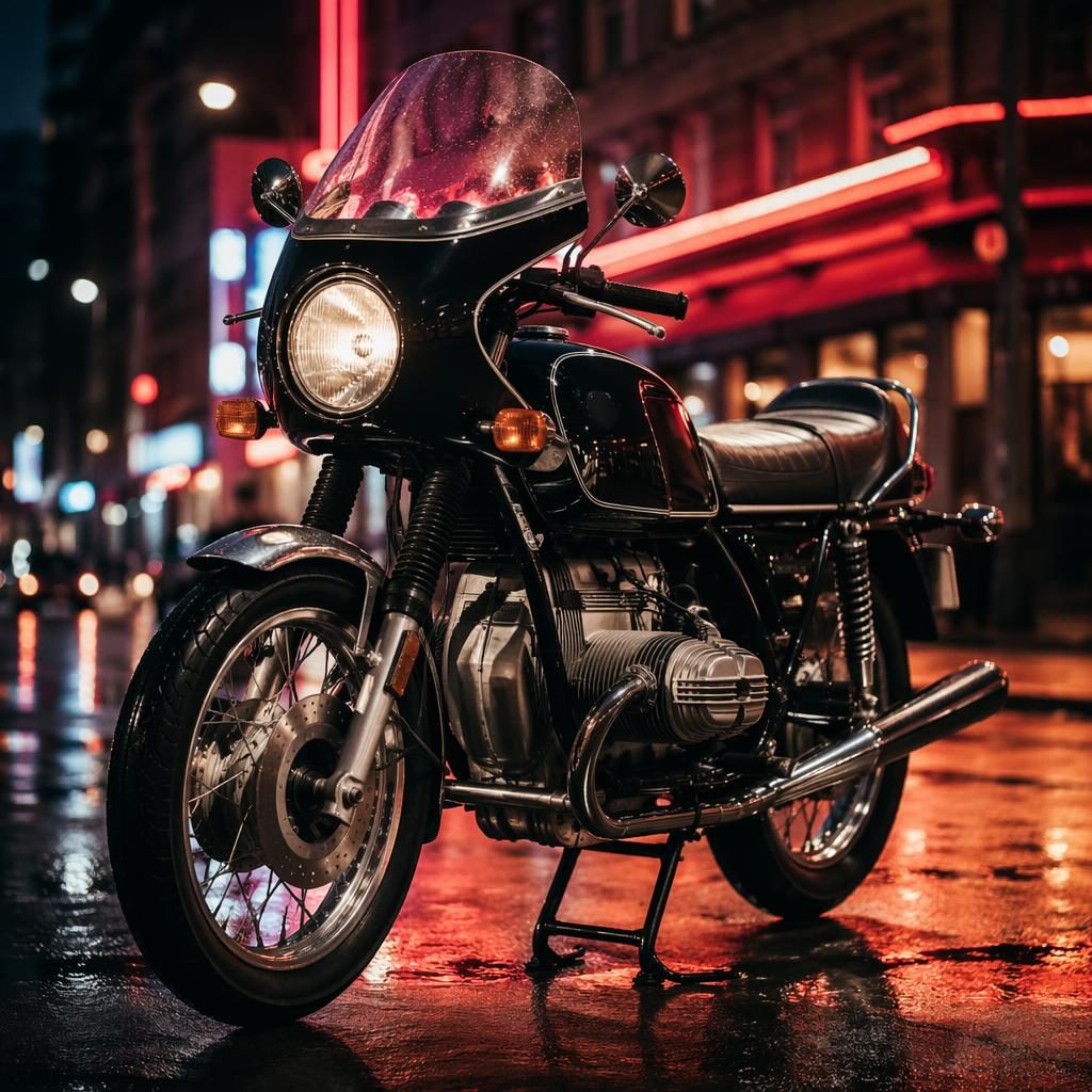 Vintage Sport-Touring-Motorrad der 1970er mit schwarzem Tank, frontal im Dreiviertelwinkel auf urbaner Neonstraße