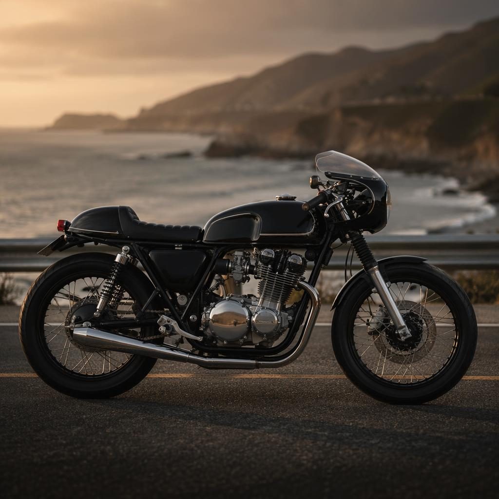 Zwarte cafe racer uit de jaren 70 in zijaanzicht op een kustweg, met cinematische belichting en scherpe metalen details.