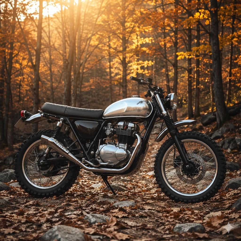Side-profile 1960s style silver scrambler motorcycle in an autumn forest with cinematic lighting and sharp metal reflections.