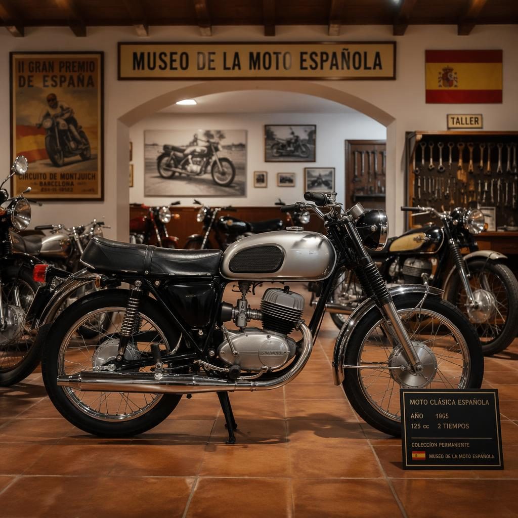 Motocicleta clásica estándar de los años 60 con depósito plateado en perfil lateral dentro de un taller museo español.
