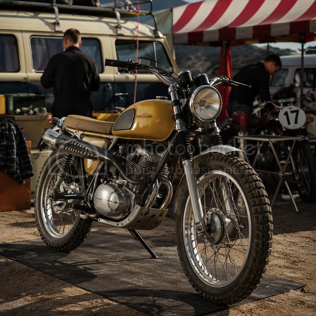 Vintage scrambler motocykl se žlutou nádrží, záběr zepředu ze tří čtvrtin, závodní paddock, filmové světlo
