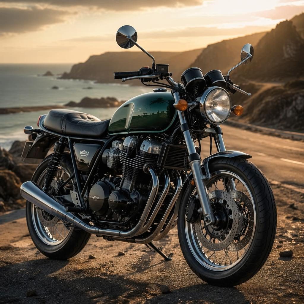 Vintage scrambler motocykl v britské zelené, záběr zepředu ze tří čtvrtin na pobřežní silnici.