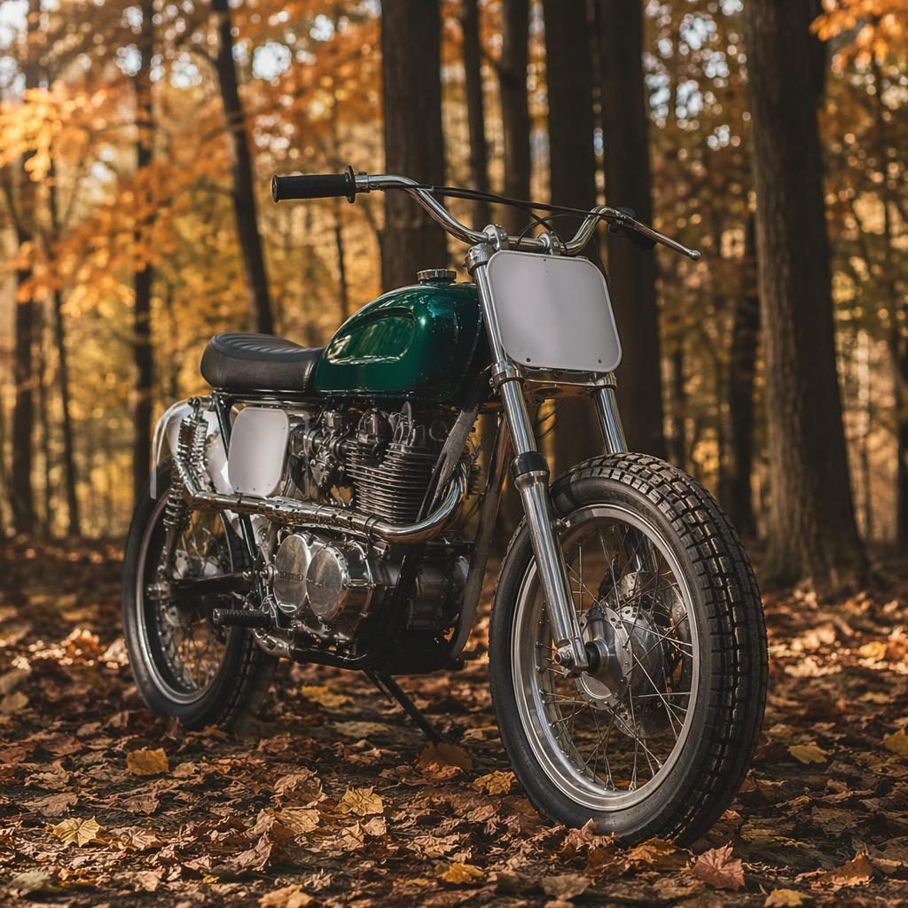 Ultra-realistic 1980s-style scrambler motorcycle in british racing green, three-quarter front view in an autumn forest