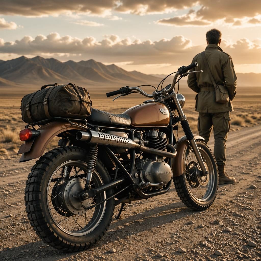 Ultra-realistic vintage scrambler motorcycle with copper tank, rear three-quarter view on desert flats at sunset