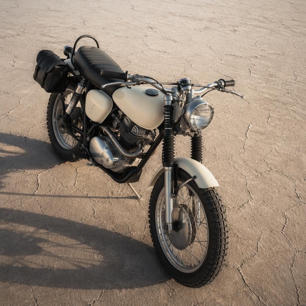 Overhead view of a cream-tank retro futurist flat tracker motorcycle on desert flats with cinematic lighting