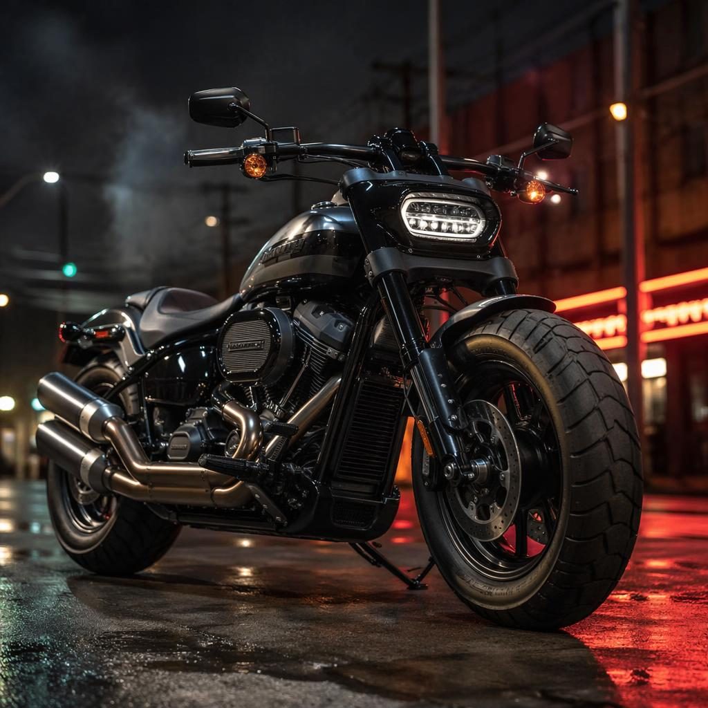 Low-angle vintage board track racer motorcycle with black tank on a neon-lit urban street at night