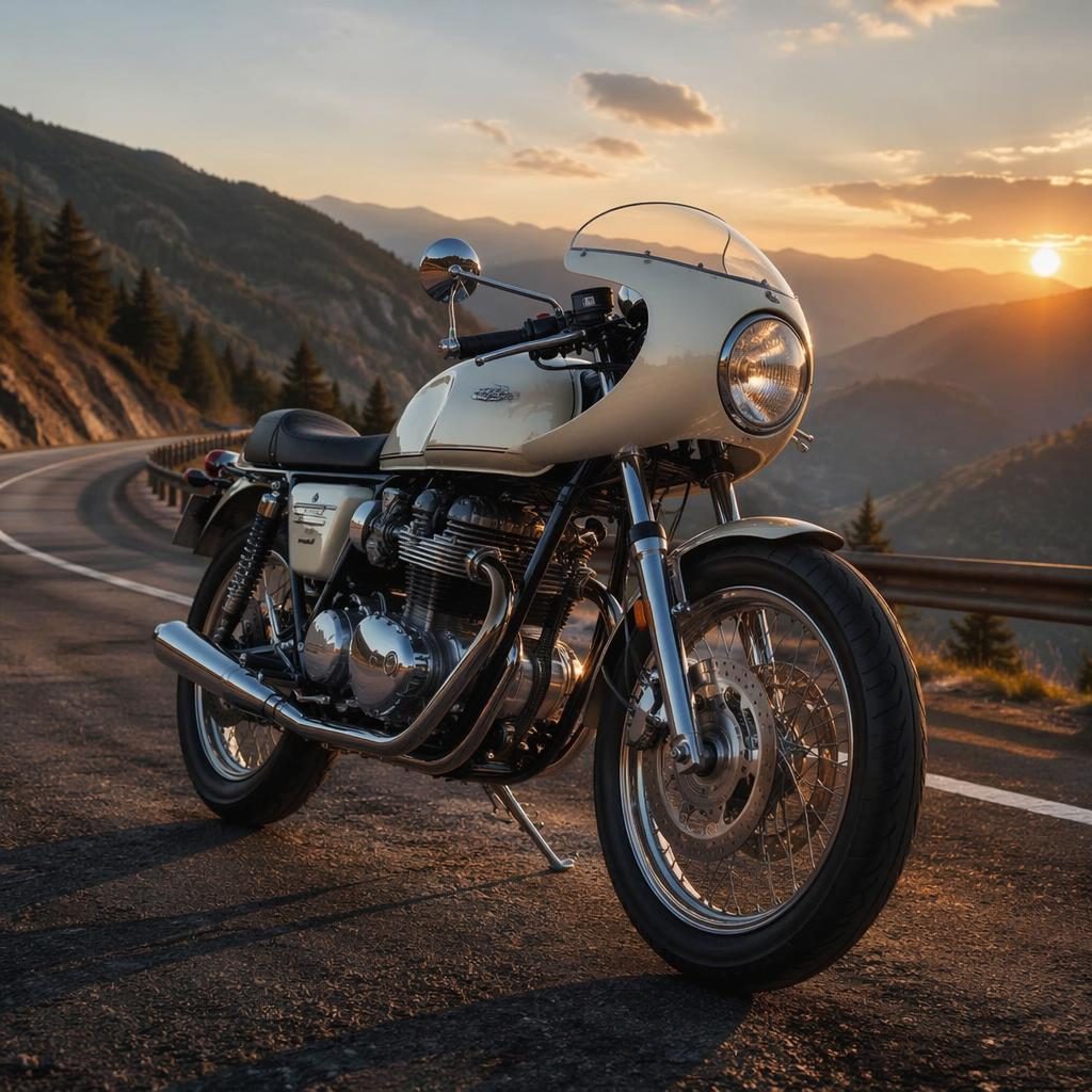 Cream vintage sport touring scooter on a mountain road at dusk, three-quarter front view, cinematic poster lighting