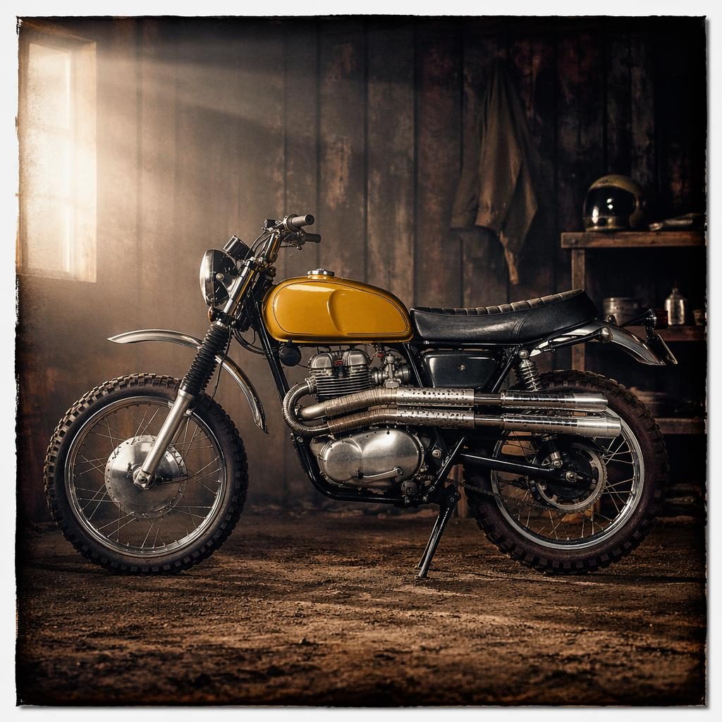 Side profile of a 1970s-style mustard yellow scrambler motorcycle in a workshop garage with cinematic lighting.