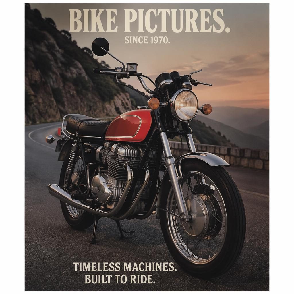 Photorealistic 1970s standard motorcycle with a red tank on a mountain road at dusk, shown from a front three-quarter angle.