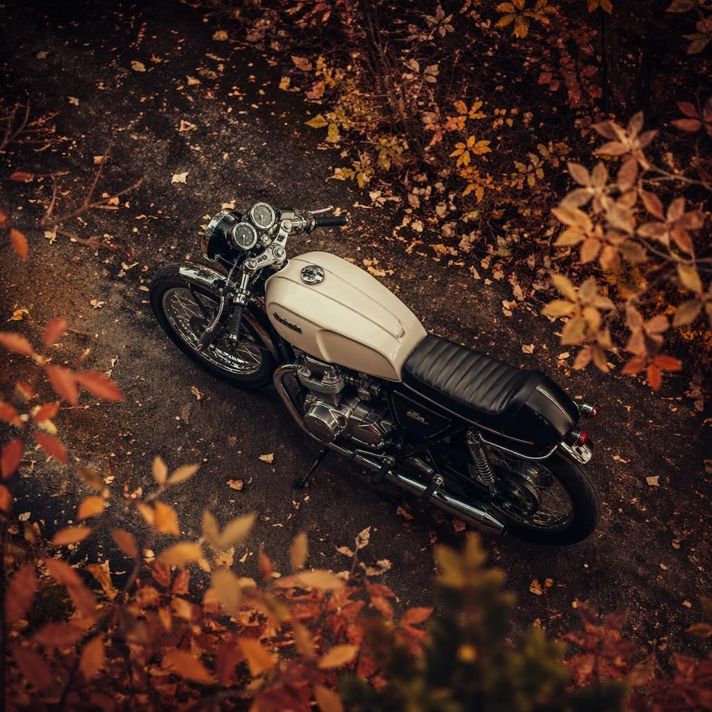 Overhead view of a 1960s cream-tank cafe racer motorcycle in an autumn forest with cinematic poster lighting