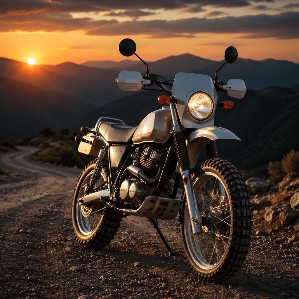 Ultra-realistic vintage enduro motorcycle with silver tank on a mountain road at dusk, three-quarter front view