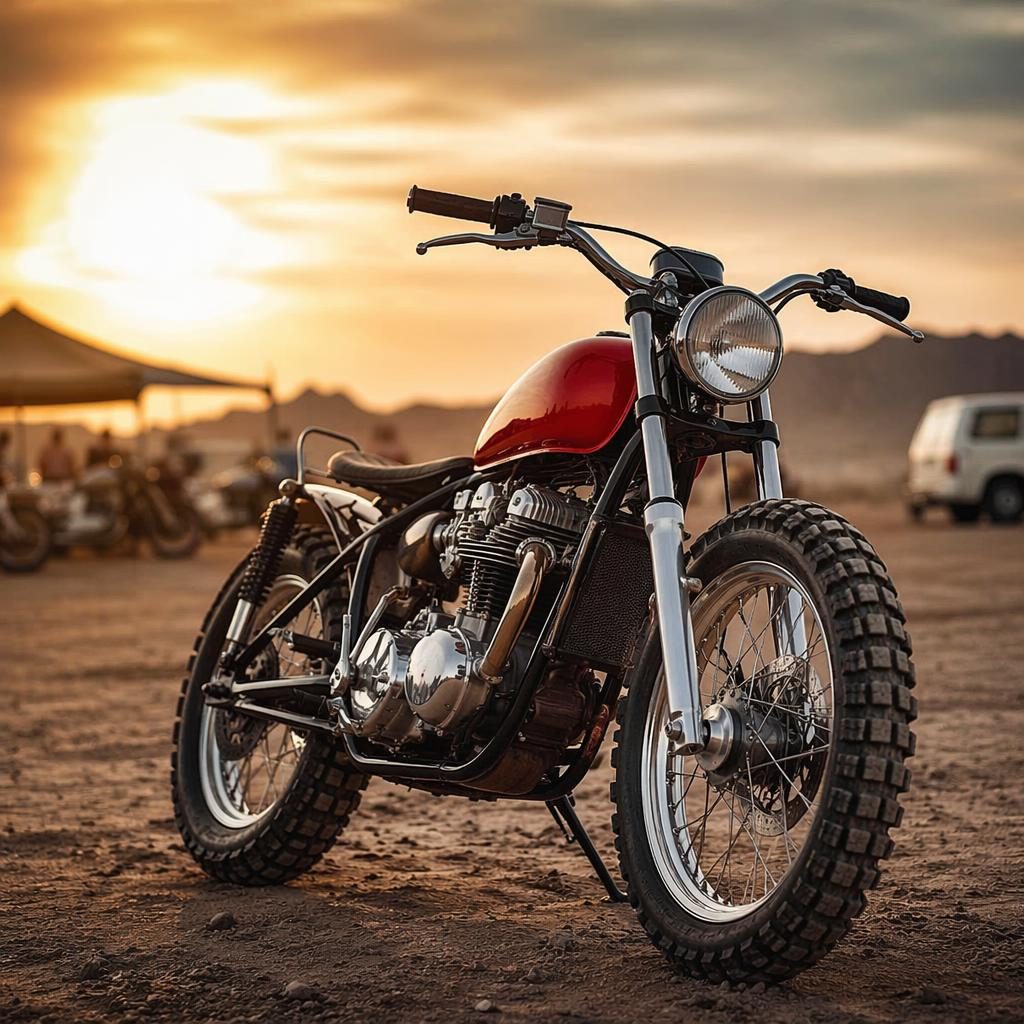 Ultra-realistic vintage desert sled bobber motorcycle with red tank, three-quarter front view in a race paddock