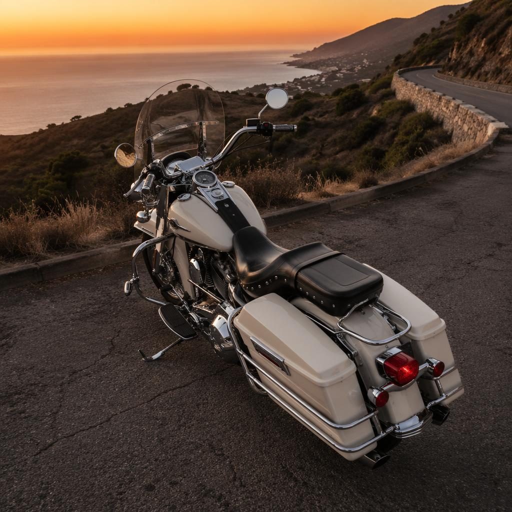 Overhead view of a cream-tank vintage enduro motorcycle on a mountain road at dusk, with cinematic lighting.
