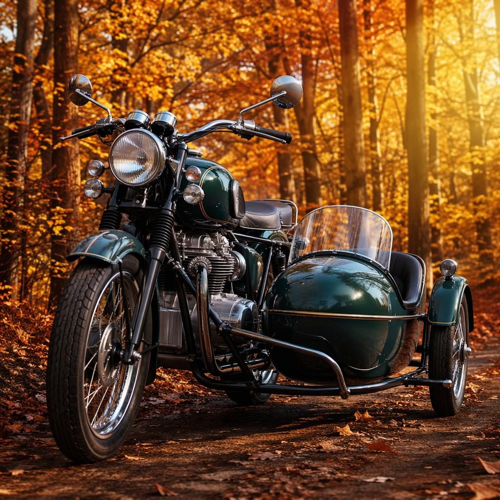 Ultra-realistic retro futurist sidecar tourer motorcycle in British racing green, three-quarter front view in an autumn forest.