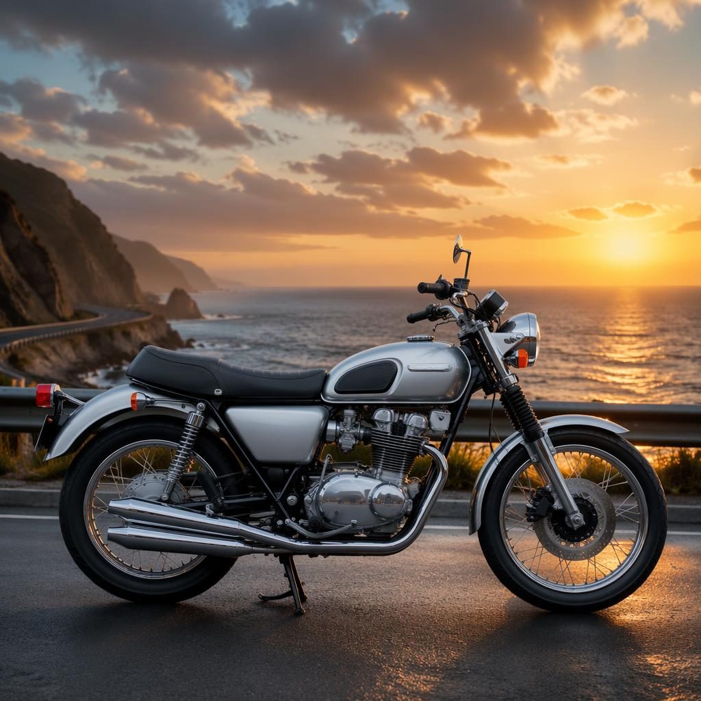 Silbernes Standard-Motorrad aus den 1970ern im Seitenprofil auf einer Küstenstraße unter dramatischem Himmel