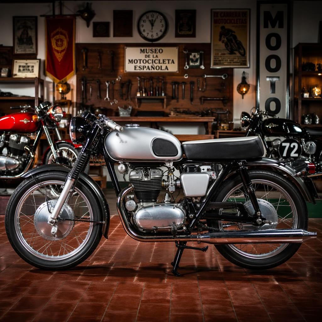 Motocicleta clásica de los años 60 con depósito plateado, vista lateral, en taller museo con herramientas y motos restauradas.