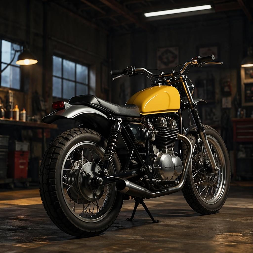 Ultra-realistic 1990s-style flat tracker motorcycle with mustard yellow tank, seen from rear three-quarter in a workshop garage.