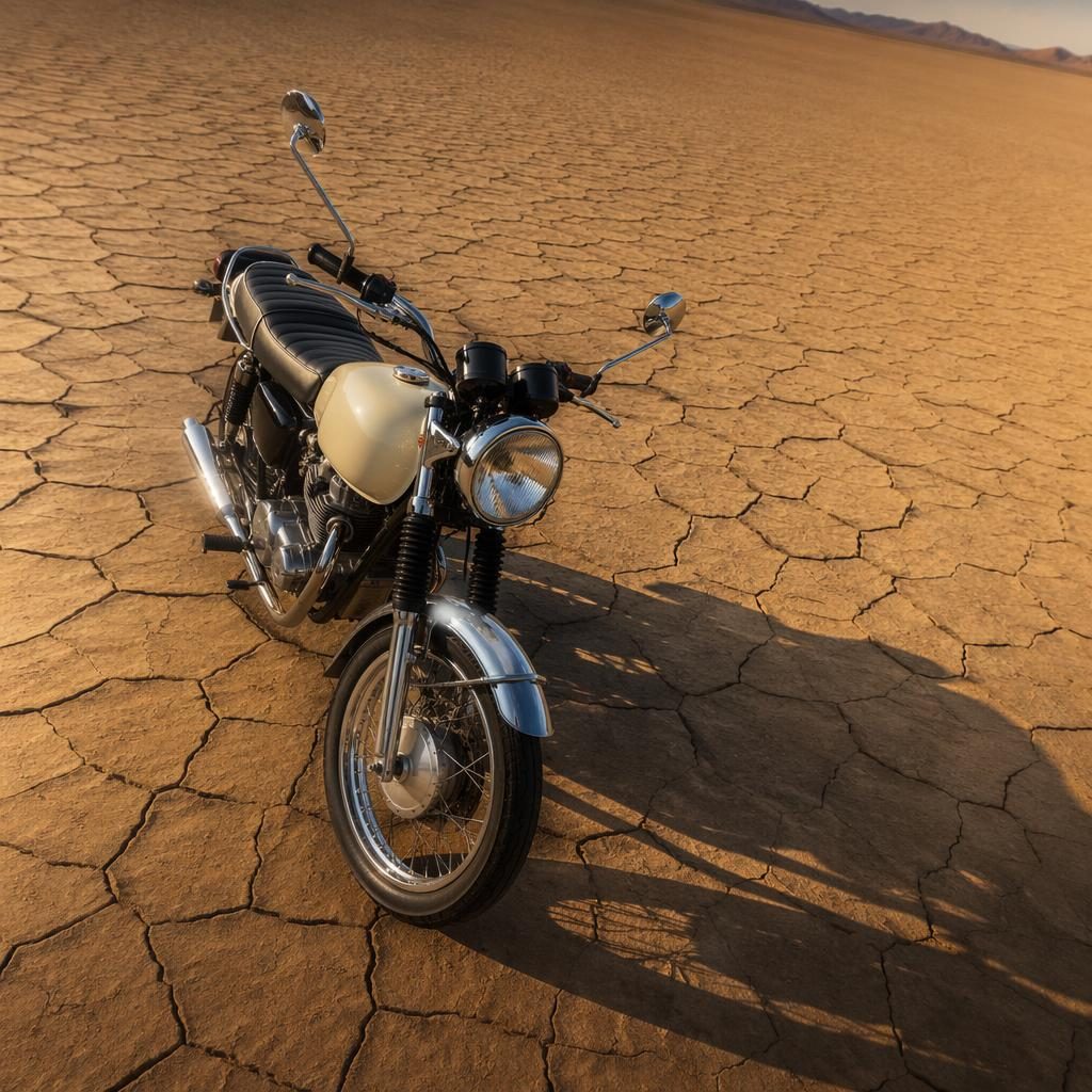 Overhead view of a cream-tank 1960s standard motorcycle on desert flats with cinematic lighting and sharp reflections.
