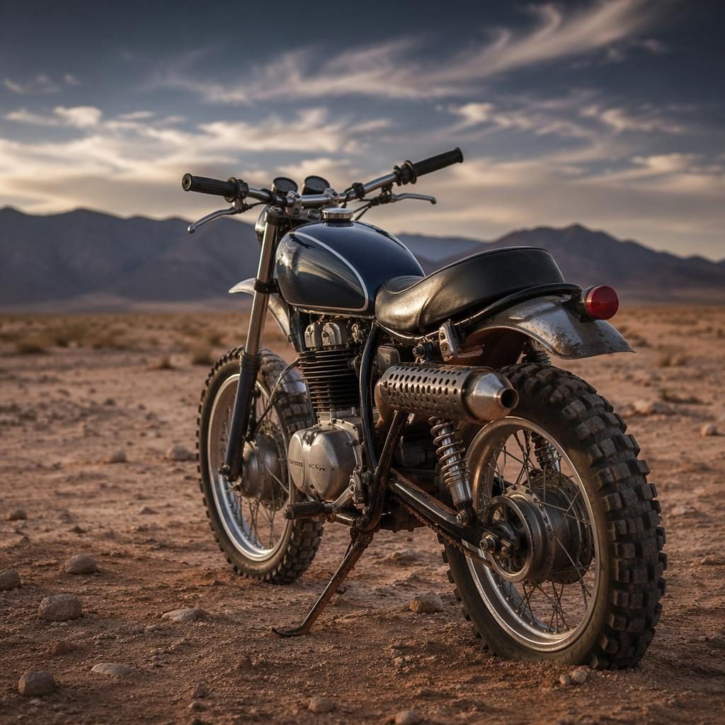 Retro enduro motocykl ve stylu scrambleru s tmavě modrou nádrží na pouštní pláni, záběr zezadu ze tří čtvrtin.