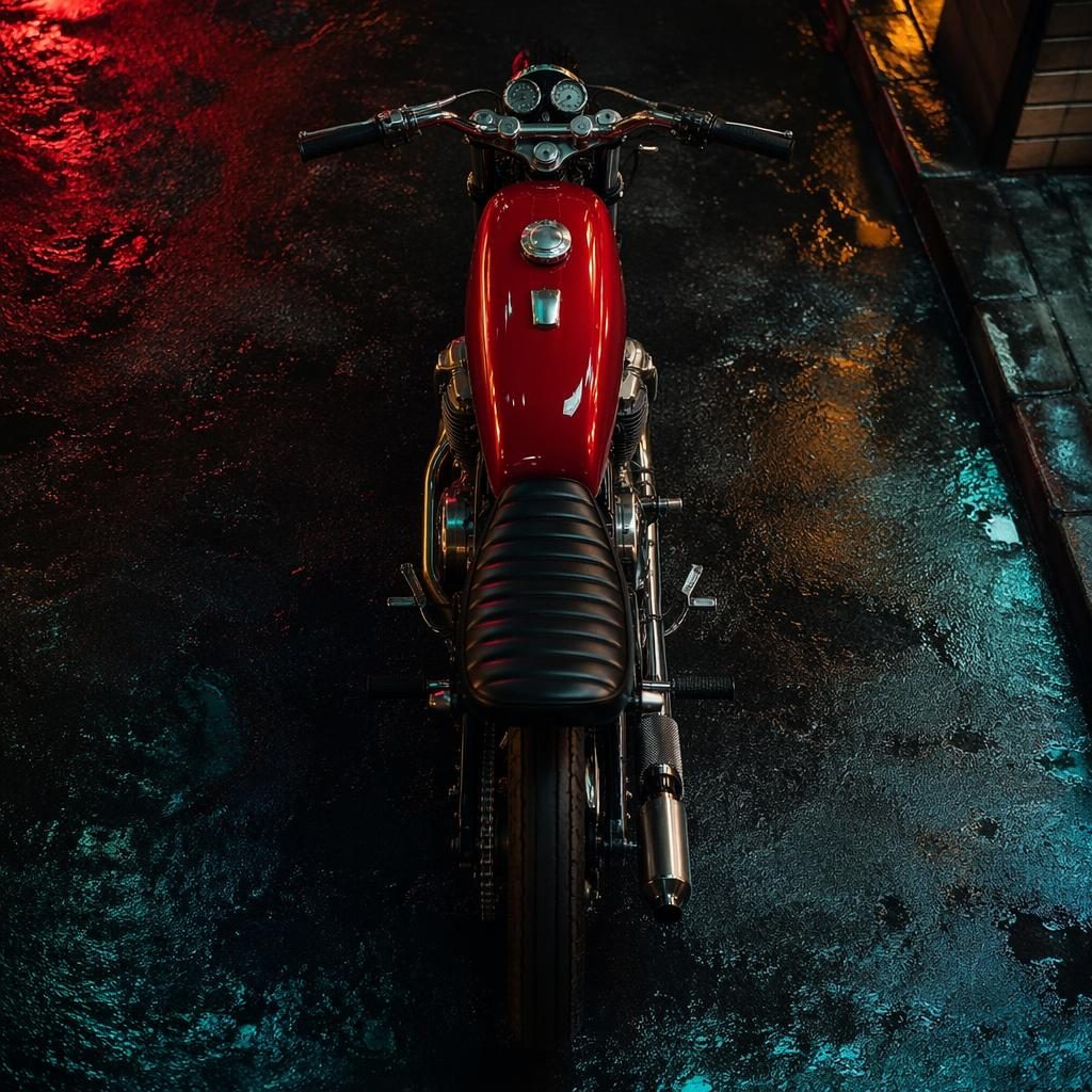 Vintage motocykl board track racer z 20. let, červená nádrž, pohled shora na neonové městské ulici