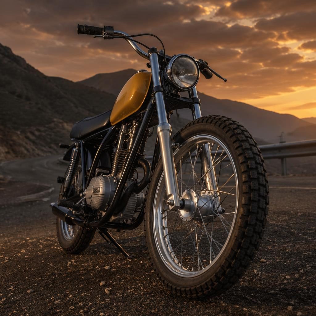 Mustard yellow vintage scooter motorcycle on a mountain road at dusk, shot low angle with cinematic poster lighting.