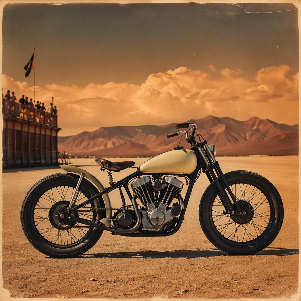 Moto classique type flat tracker des années 50-60, réservoir crème, vue de profil, sur désert plat, lumière cinématographique.