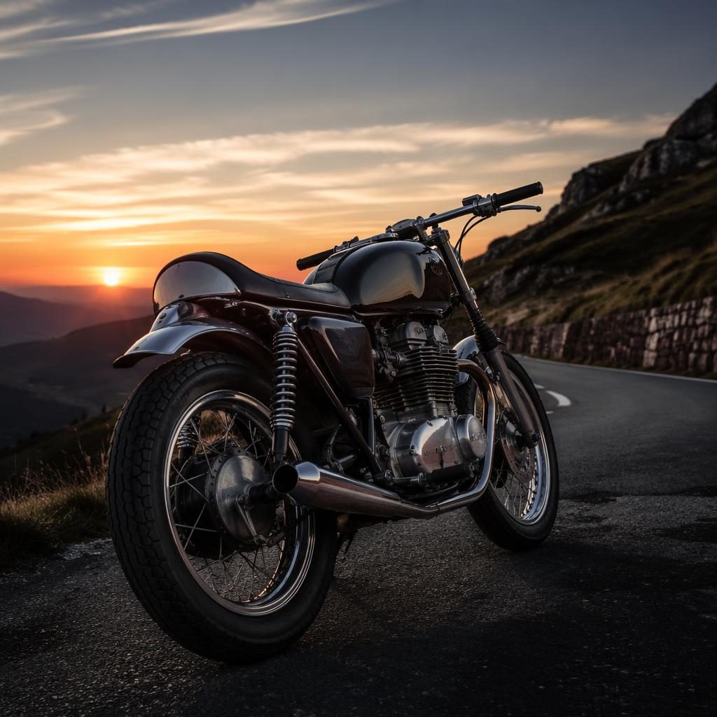 Ultra-realistic vintage scrambler motorcycle with black tank, rear three-quarter view on a mountain road at dusk.