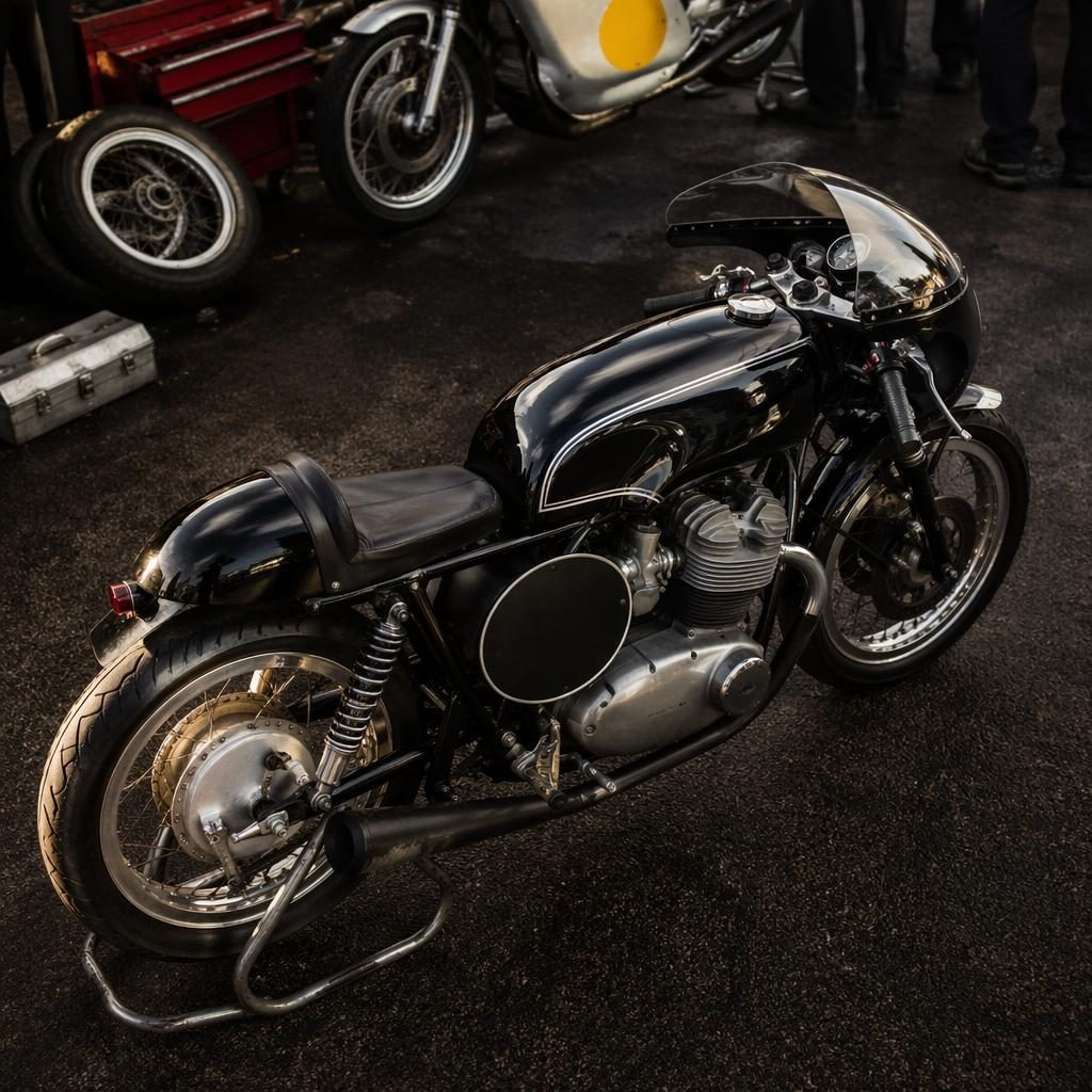 Vintage závodní motocykl ve stylu 60. let, černá nádrž, pohled shora v paddocku, filmové nasvícení.