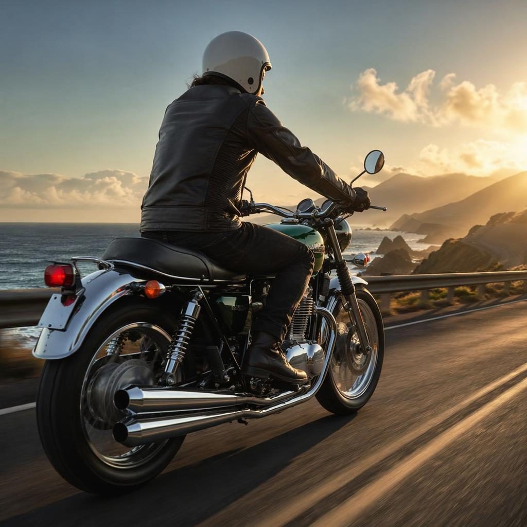 Retro-futurist 70s-style chrome cruiser motorcycle with British racing green tank on a coastal highway, rear angle