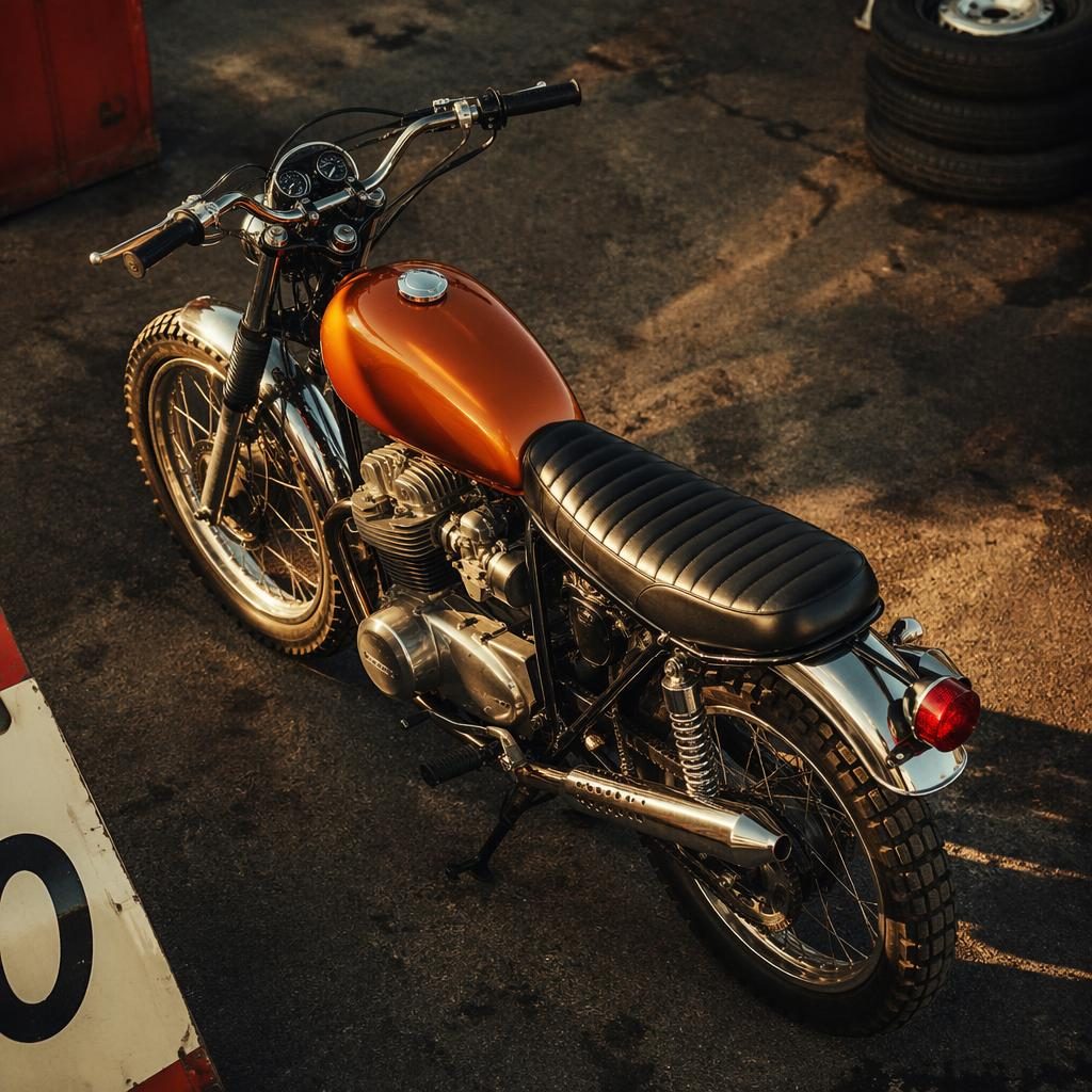 Overhead view of a vintage scrambler motorcycle with copper tank and chrome details in a race paddock
