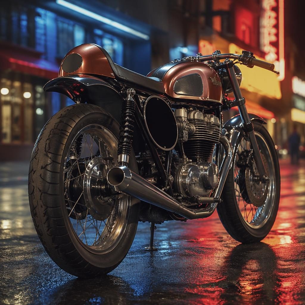 Ultra-realistic 1960s tracker motorcycle with copper tank, rear three-quarter view on a neon-lit urban street.