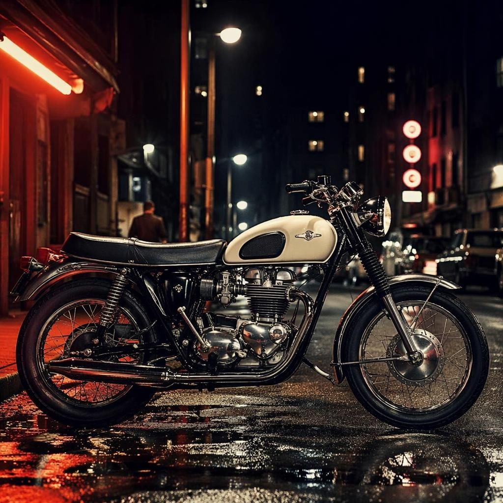Side profile of a cream vintage standard motorcycle on a neon-lit urban street, with chrome details and cinematic lighting.