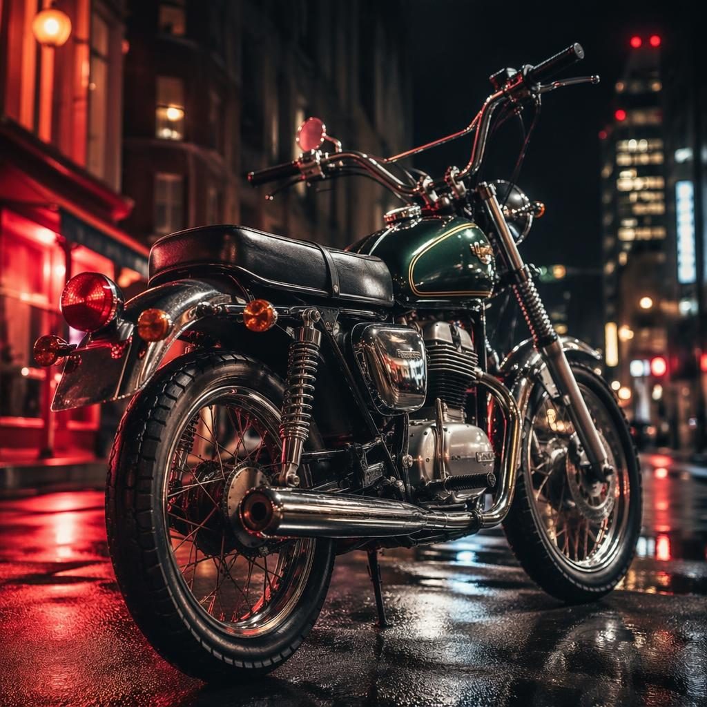 Ultra-realistic 1960s-style tracker motorcycle with British racing green tank on a neon-lit urban street, rear angle