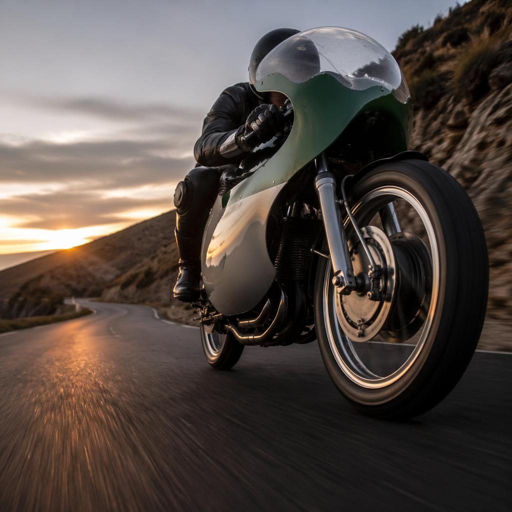 Vintage café racer motocykl v britské zelené na horské silnici za soumraku, nízký záběr zepředu, filmové světlo.
