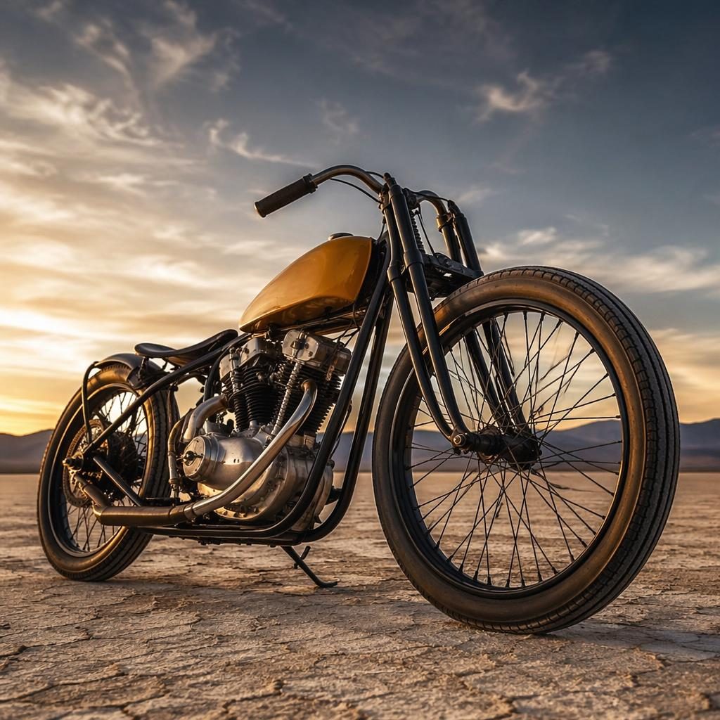 Ultra-realistic 1920s-style board track racer motorcycle with mustard yellow tank on desert flats, low-angle view