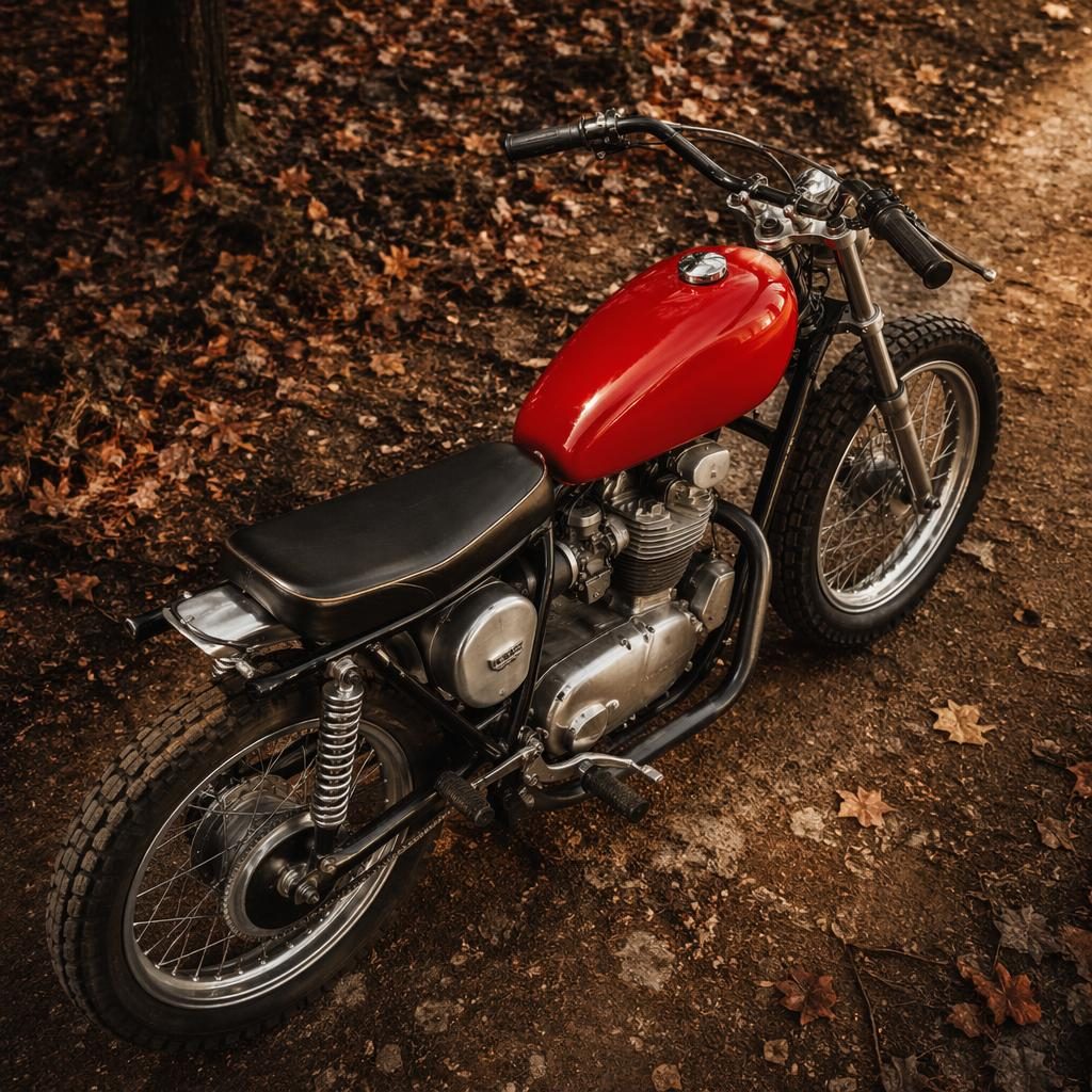 Červený enduro flat tracker z 50. let focený shora v podzimním lese, s filmovým světlem a ostrými odlesky kovu.
